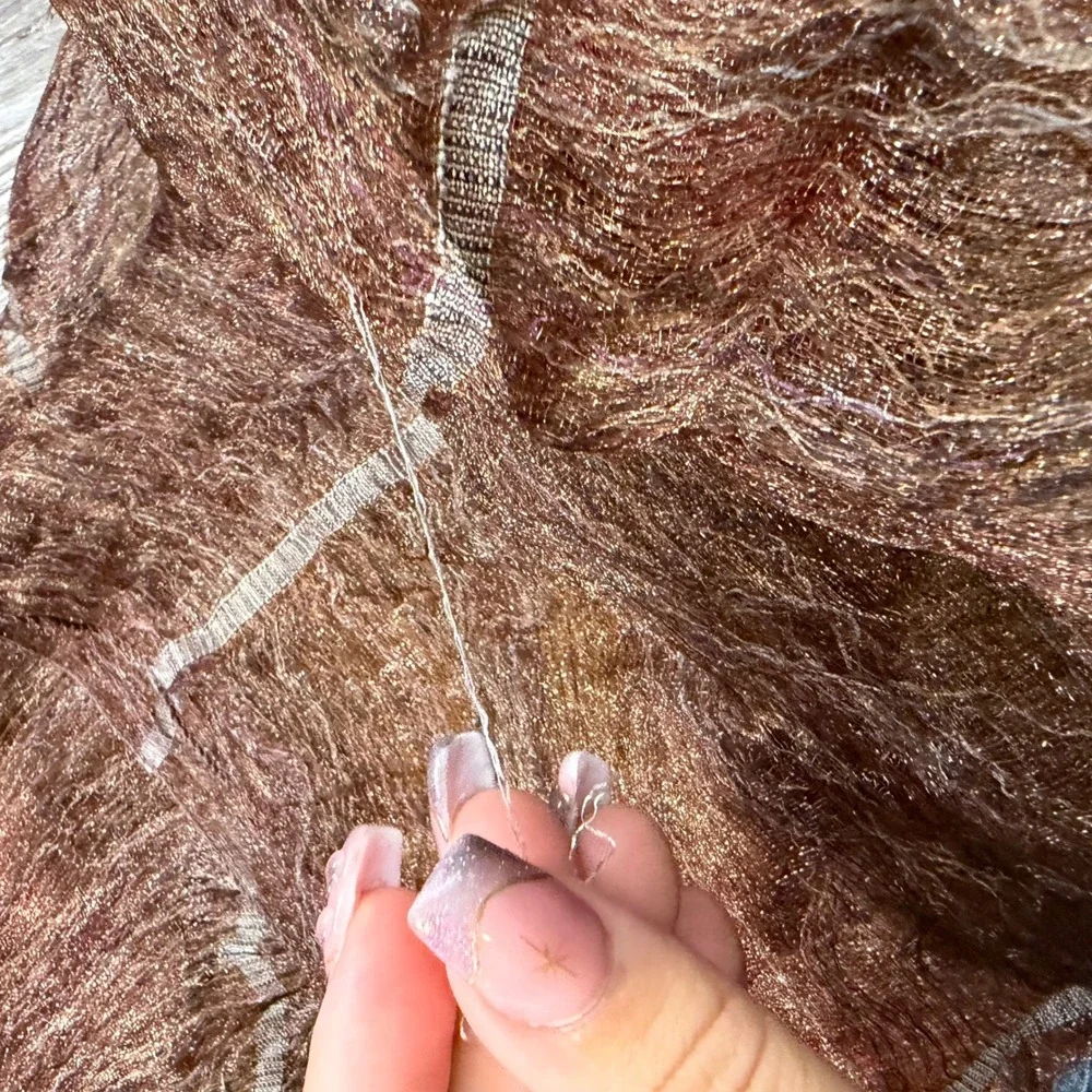 Boho Whimsical Bronze Copper Crinkle Sheer Stripe Fringe Scarf Wrap Earth Tones